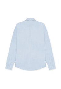 Chemise bleu clair à manches longues, boutonnée, vue de dos, avec un col standard et des poignets boutonnés.