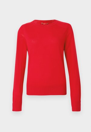 Raudonas megztinis, apvalia iškirpte, ilgomis rankovėmis, su ribotais rankogaliais ir apačia, lygi tekstūra, vidutinio storio audinys, vienspalvis be raštų.