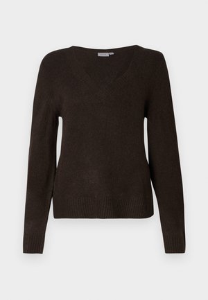 Donkerbruine gebreide trui met lange mouwen en V-hals, met ribgebreide manchetten en zoom, weergegeven op een effen witte achtergrond.