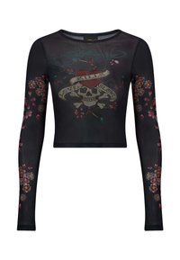 Černý dlouhý rukáv cropped top z průsvitného materiálu s grafikou lebky a červeným srdcem, doplněný květinovými akcenty na rukávech.