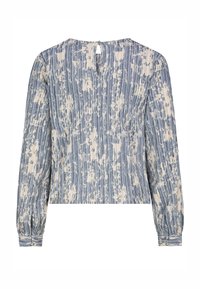 Langärmlige Bluse in Hellblau mit weißen abstrakten Mustern, aus strukturiertem Stoff gefertigt, mit einem Schlüsselloch-Rücken und gerafften Manschetten.