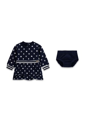 Robe bébé bleu marine à manches longues avec motif lettres blanches et cœurs, associée à un bloomer bleu marine assorti.
