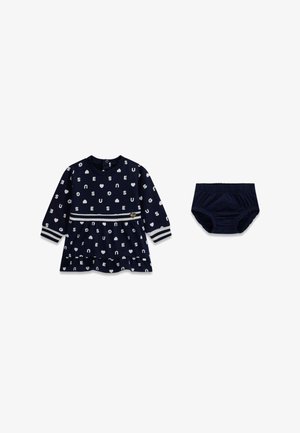 Robe bébé bleu marine à manches longues avec motif lettres blanches et cœurs, associée à un bloomer bleu marine assorti.