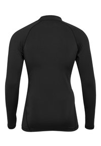 Czarna sportowa bluza z długim rękawem, wykonana z gładkiego, elastycznego materiału, z wysokim kołnierzem. Posiada płaskie szwy oraz dopasowany krój.
