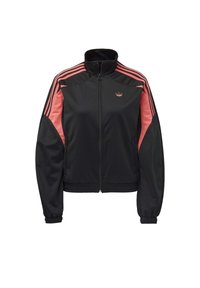 Svart zip-jacka med rosa sidopaneler, med tre vita ränder på ärmarna och en liten logotyp på bröstet. Slätt, lättviktigt tyg.