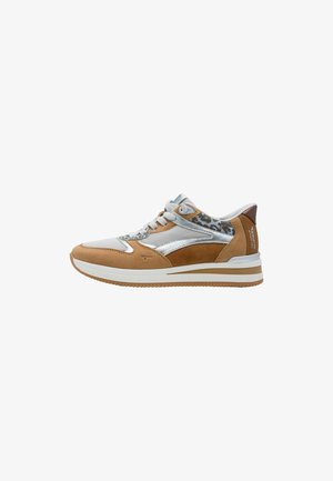 Tan and grey sneaker featuring suede and mesh materials, silver accents, and a textured rubber sole with a patterned design on the sides.
