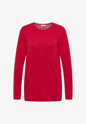 Czerwona koszula z długim rękawem, wykonana z gładkiego materiału, z okrągłym dekoltem i prostym wzornictwem, bez widocznych wzorów czy akcentów.