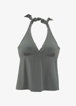 Grauer Neckholder mit tiefem V-Ausschnitt, gewelltem Saum, Bindeband am Nacken und gerafftem Stoff an der Brust für zusätzliche Textur.