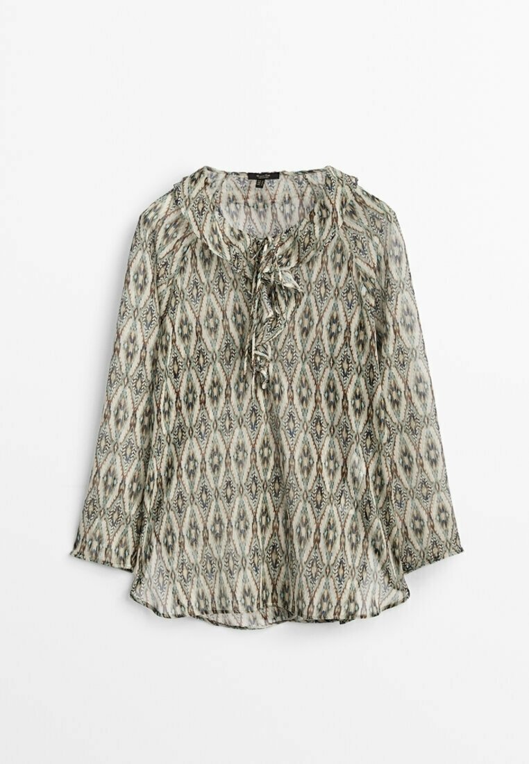 Blouse légère à motifs avec manches longues, un col rond et un détail noué à l'avant. Présente un design abstrait en forme de losange aux couleurs douces.