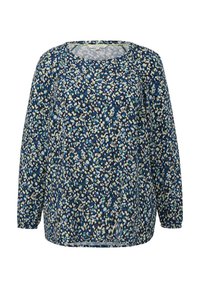 Blusa a stampa floreale in blu navy con accenti verdi e azzurri. Maniche lunghe, scollatura rotonda e vestibilità rilassata. Tessuto morbido e leggero.
