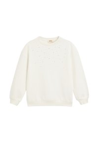 Sudadera blanca con cuello redondo, mangas largas y pequeños tachuelas decorativas en el frontal. Confeccionada en una tela suave con un corte holgado.