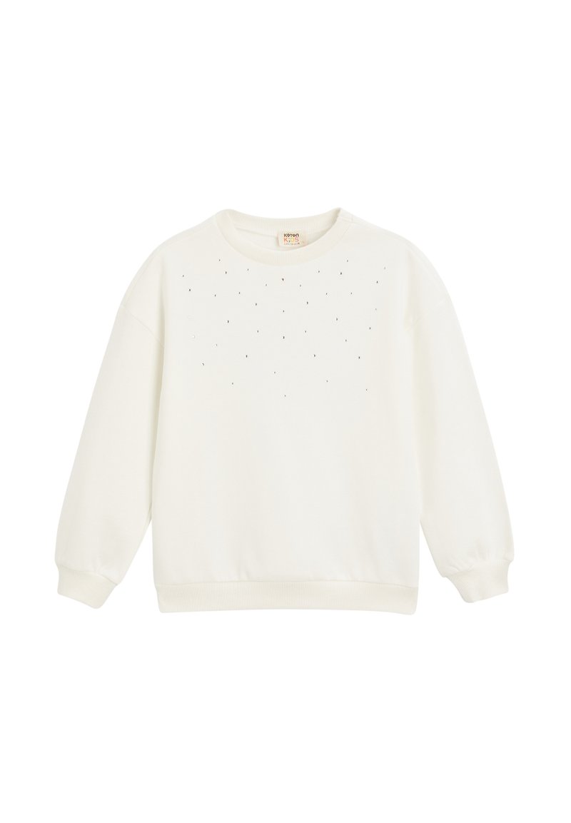 Sudadera blanca con cuello redondo, mangas largas y pequeños tachuelas decorativas en el frontal. Confeccionada en una tela suave con un corte holgado.