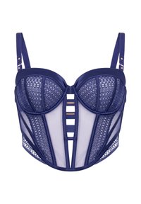 Navyblauw kanten korset met doorschijnende gaaspanelen, gestructureerde cups, verstelbare schouderbanden en gouden accenten voor een decoratieve touch.