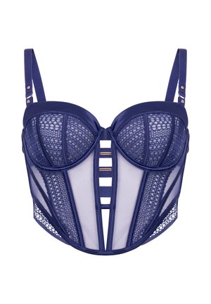 Navyblauw kanten korset met doorschijnende gaaspanelen, gestructureerde cups, verstelbare schouderbanden en gouden accenten voor een decoratieve touch.