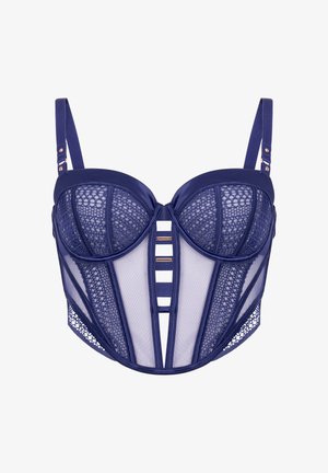 Navy blue lace corset with sheer mesh panels, structured cups, adjustable straps, and gold-tone accents for a decorative touch.