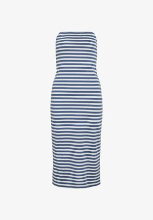 Robe sans manches à rayures bleues et blanches, design ajusté, longueur genou, en tissu extensible avec une texture lisse et sans détails supplémentaires.