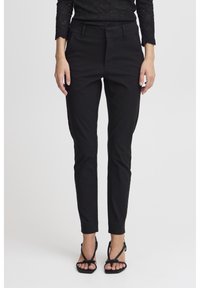 Black slim-fit pants with a smooth texture, featuring front pockets, belt loops, and a tailored design ending above the ankles.