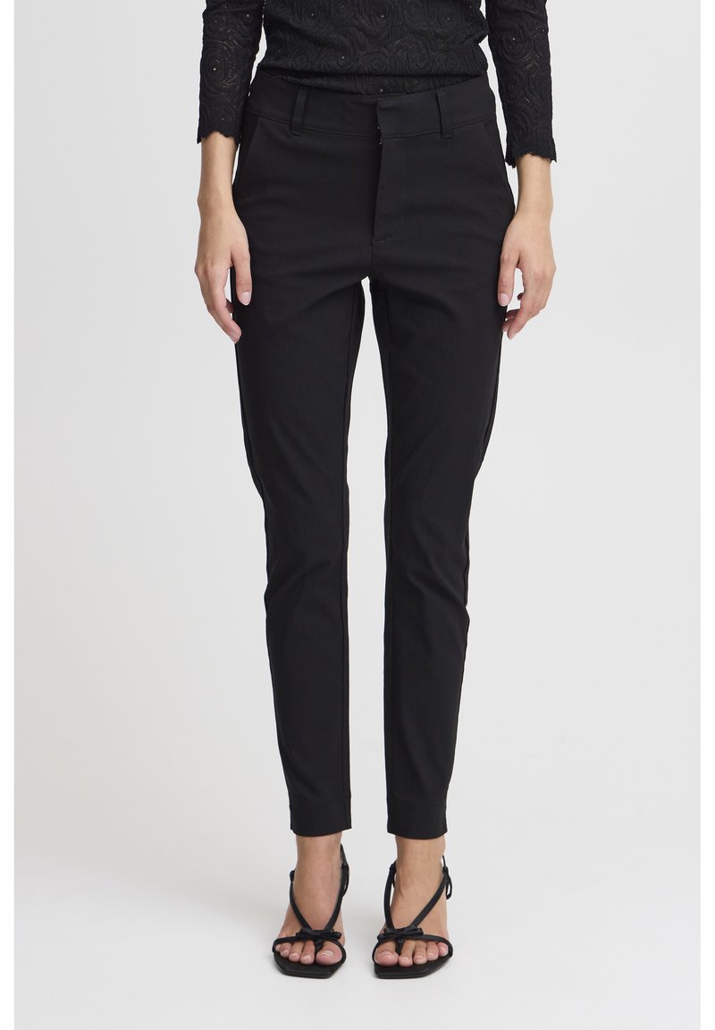 Black slim-fit pants with a smooth texture, featuring front pockets, belt loops, and a tailored design ending above the ankles.