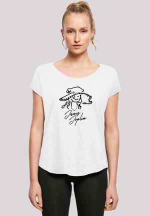 Weißes T-Shirt mit kurzen Ärmeln und rundem Ausschnitt, versehen mit einer schwarzen grafischen Illustration einer Frau mit einem großen Hut und dem Text "Janis Joplin".