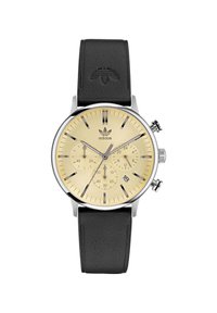Black leather strap watch with a gold-tone dial, featuring three subdials, silver hour markers, and a date display at 6 o'clock.