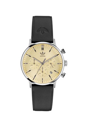 Montre à bracelet en cuir noir avec un cadran doré, comprenant trois sous-cadrans, des index heures argentés et un affichage de la date à 6 heures.