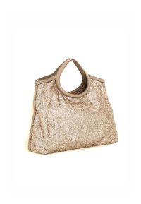 Borsa a tracolla beige con paillettes e manico rotondo. Texture morbida, lieve luccichio delle paillettes, design strutturato e fondo piatto per stabilità.