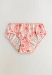 Rosa Baumwollunterwäsche mit Herzmuster in verschiedenen Rosatönen und Weiß. Mit einem rosa Schleifenakzent und elastischem Saum für einen guten Sitz.