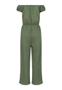 Combinaison vert olive épaules dénudées avec manches courtes, taille élastique et pantalon à jambes larges en tissu texturé.