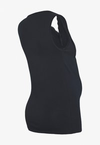 Top de maternidade preto com design sem mangas, decote redondo e silhueta ajustada. Tecido liso com material elástico para conforto.