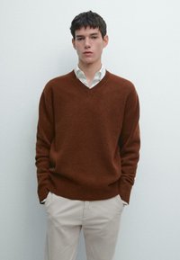 Jonge man draagt een bruine trui met V-hals over een wit shirt en beige broek, staand tegen een effen lichtgrijze achtergrond.