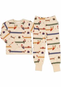 Cotton pajama set featuring cream base with playful dachshund patterns, holiday gifts, and colorful accents. Includes long-sleeve top and pants.