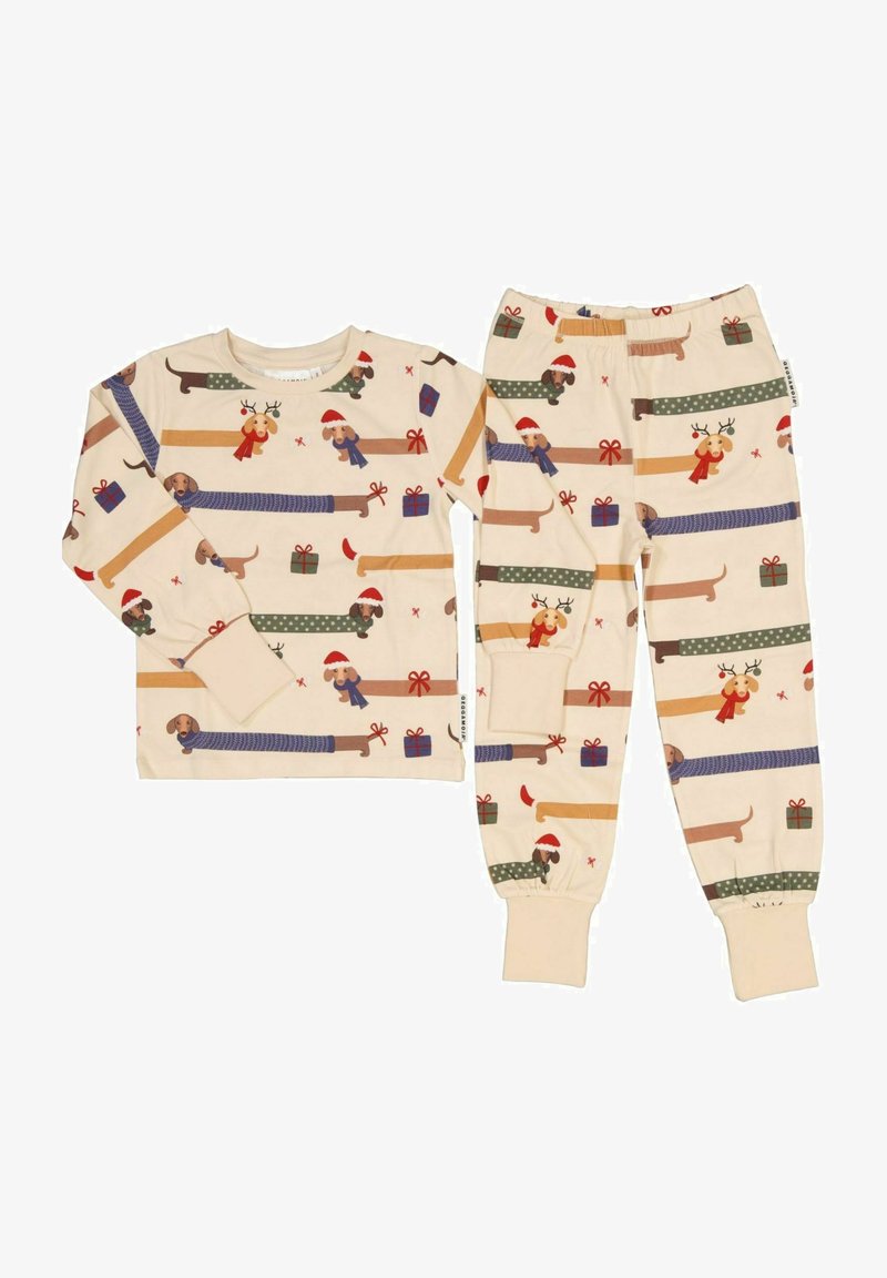 Cotton pajama set featuring cream base with playful dachshund patterns, holiday gifts, and colorful accents. Includes long-sleeve top and pants.