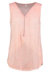 Top sin mangas de color rosa claro con escote en V y cremallera en el frente. Tejido suave y liso con un corte ligeramente holgado y dobladillo redondeado.
