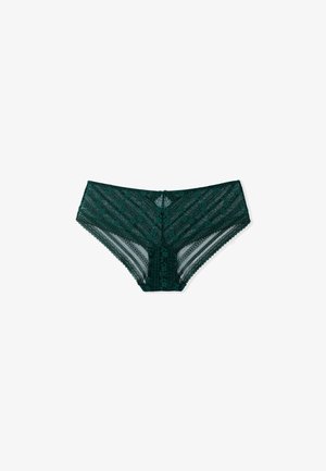 Lace panties in deep green with a floral pattern. Features intricate trim and a sheer texture, designed with a mid-rise cut.