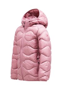 Giacca imbottita rosa con cappuccio, caratterizzata da un design trapuntato a onde, zip frontale e dettagli elastici su polsini e orlo.