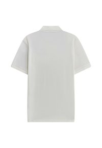 Polo bianco con maniche corte, colletto classico e sottili dettagli a costine ai bordi delle maniche, tessuto dalla texture liscia.