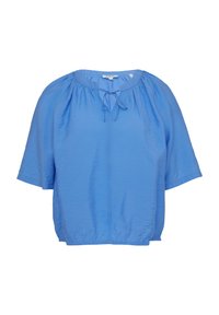 Camicetta azzurro chiaro a maniche corte con scollatura rotonda, dettaglio con nodo anteriore e orlo elastico. Realizzata in tessuto a effetto stropicciato.