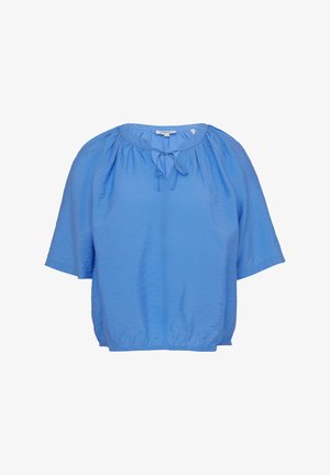 Light blue short-sleeve blouse with a round neckline, front tie detail, and elasticated hem. Made from a crinkled texture fabric.