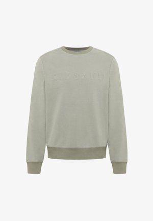 Hellgrauer Pullover mit Rundhalsausschnitt, besticktem "ELBSAND" Schriftzug im Ton-in-Ton-Look, geripptem Saum und Bündchen, weiche Stofftextur.