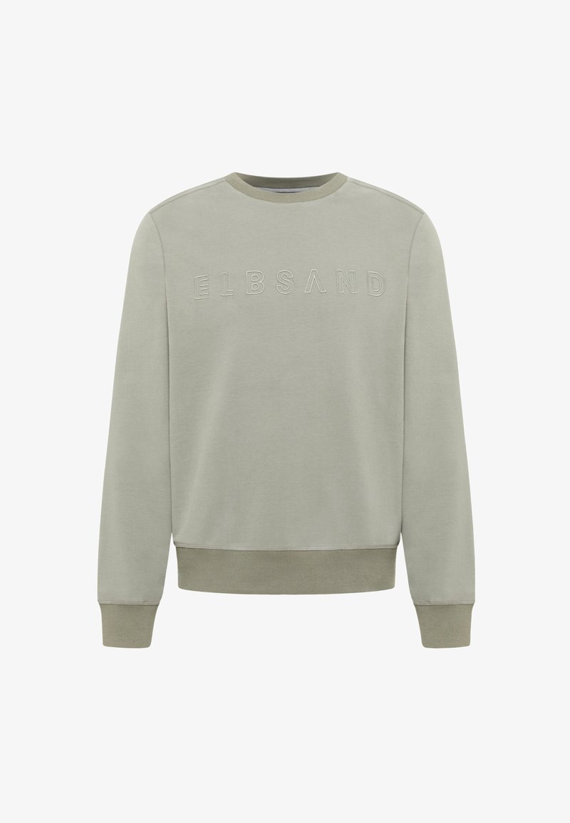 Svetlosivá mikina s okrúhlym výstrihom, vyšívaným nápisom "ELBSAND" v súlade s farebným tónom, rebrovaným lemom a manžetami, mäkkou textúrou látky.