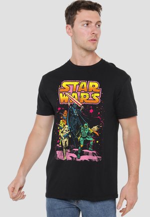 Schwarzes Baumwoll-T-Shirt mit einem bunten Star Wars Grafik, die Charaktere wie Darth Vader und Sturmtruppen zeigt. Kurze Ärmel, Rundhalsausschnitt.