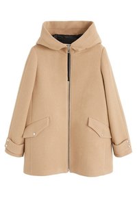 Manteau beige à capuche avec une fermeture éclair à l'avant, deux poches latérales et des poignets à pression. Le matériau a une texture douce et une forme structurée.