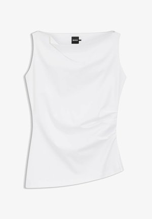 Top blanco sin mangas para mujer con escote drapeado y fruncido sutil en los laterales, con etiqueta de la marca BOSS.