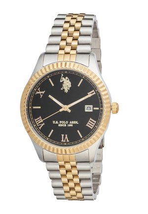 Orologio da polso da uomo con quadrante nero, numeri romani dorati, cinturino metallico in oro e argento, indicazione della data e logo U.S. Polo Assn. a ore 12.