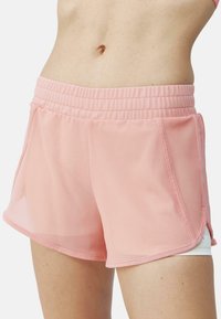 Roza športna kratka hlače iz lahkega blaga, z širokim pasom, stranskimi žepi in plastičnim dizajnom z kontrastno notranjo podlogo.