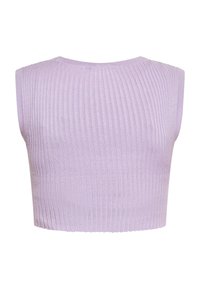 Lila prążkowana crop top z szerokimi otworami na ramiona i teksturowanym wykończeniem. Posiada prosty dół i dopasowaną sylwetkę.
