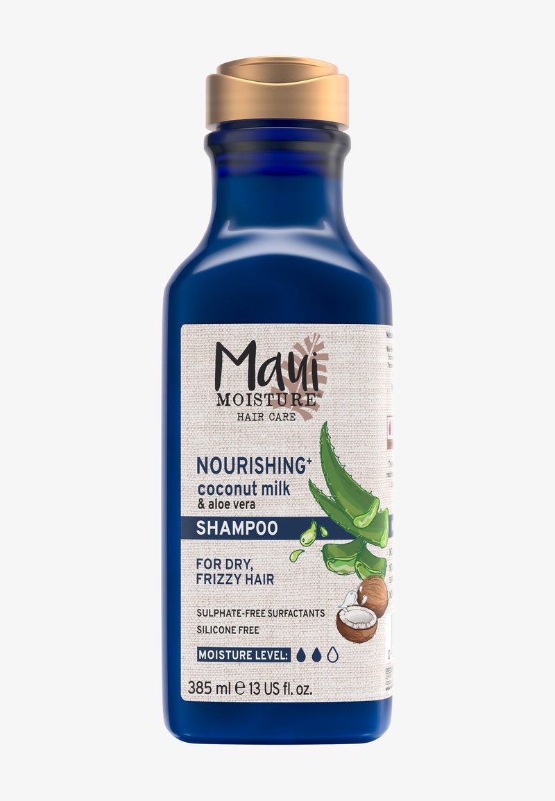 Blauwe fles Maui Moisture Nourishing+ shampoo met kokosmelk en aloë vera voor droog, kroezend haar, sulfaat- en siliconenvrij, 385 ml.