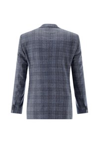 Men’s blue-gray plaid blazer with long sleeves, viewed from the back on a white background.