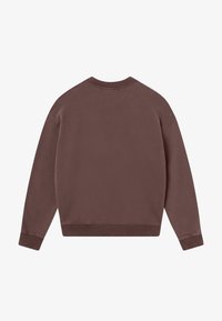 Brauner Baumwollpullover mit Rundhalsausschnitt, gerippten Bündchen und Saum, der eine glatte Textur und ein einfaches Design aufweist, von hinten betrachtet.
