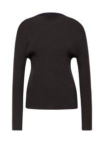 Czarny sweter prążkowany z długimi rękawami, okrągłym dekoltem i kontrastującym ciemnofioletowym wnętrzem. Prosty design z minimalnymi detalami.